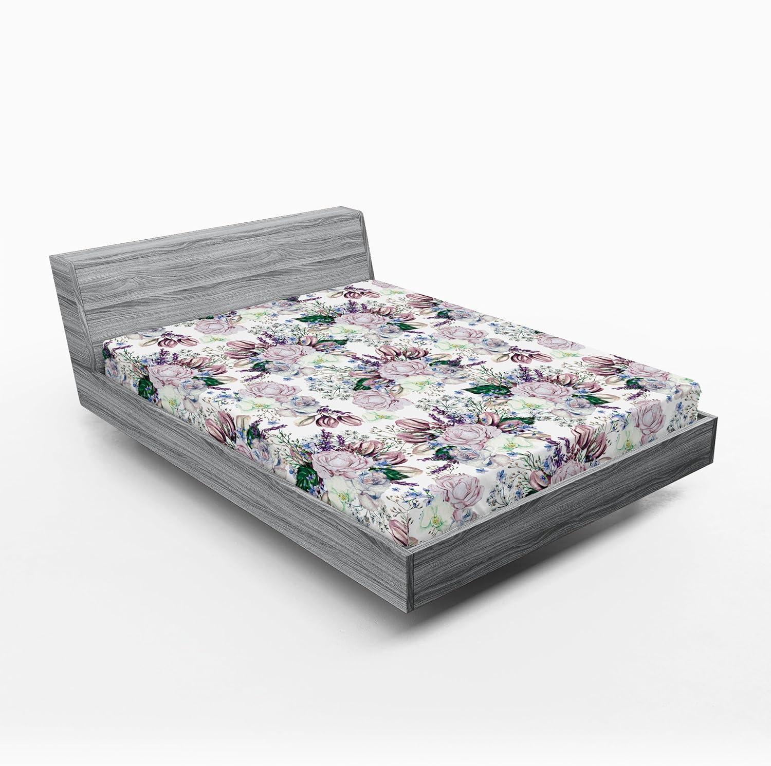 imageAmbesonne Floral Fitted Sheet Valentines Day Romantic Concept Watercolor Hydrangeas Roses Birds Decorative Soft Bedding AllRound Elastic Pocket California King Soft Pink Pistachio GreenPale Mauve White and Green
