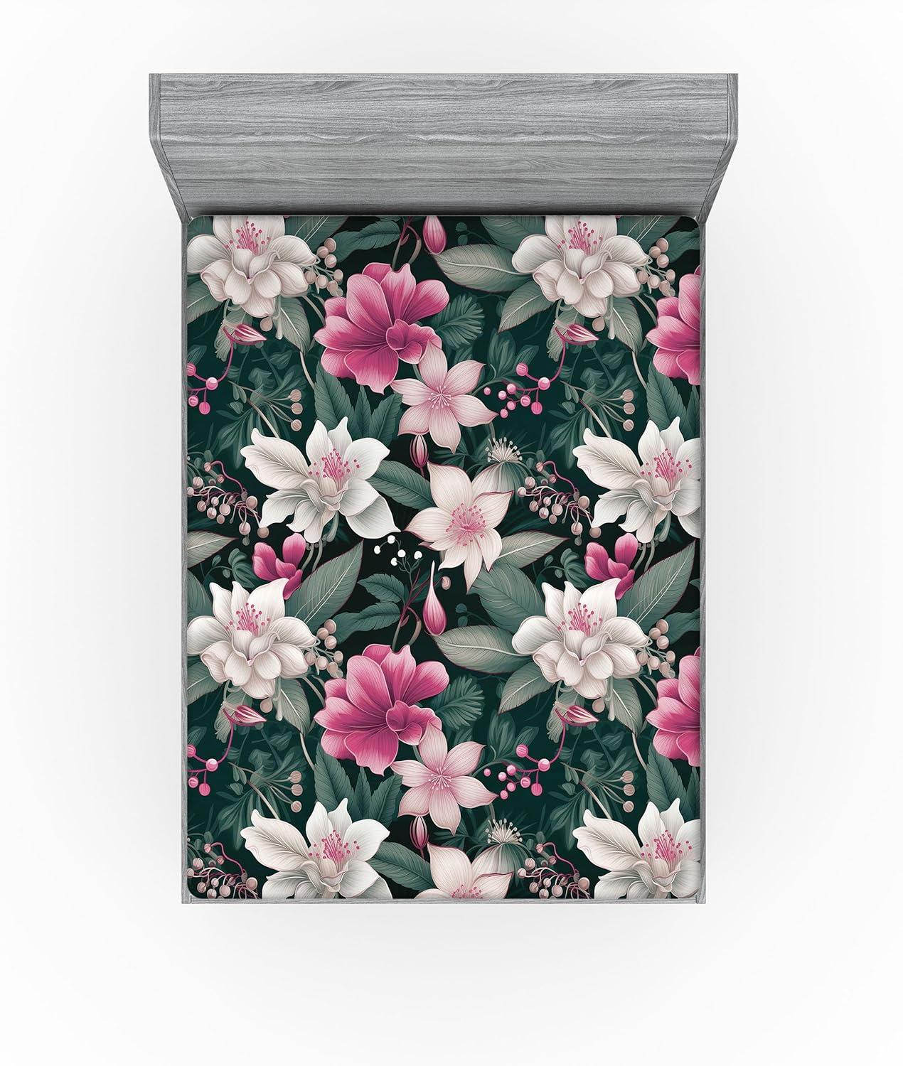 imageAmbesonne Floral Fitted Sheet Valentines Day Romantic Concept Watercolor Hydrangeas Roses Birds Decorative Soft Bedding AllRound Elastic Pocket California King Soft Pink Pistachio GreenPink Laurel Green White