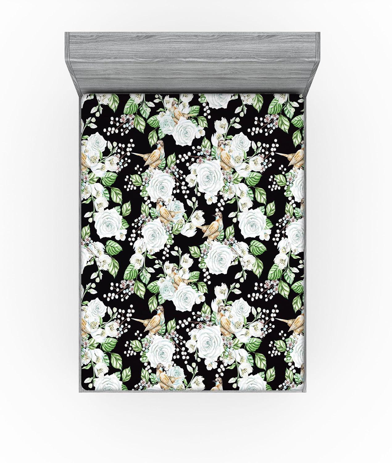 imageAmbesonne Floral Fitted Sheet Valentines Day Romantic Concept Watercolor Hydrangeas Roses Birds Decorative Soft Bedding AllRound Elastic Pocket California King Soft Pink Pistachio GreenSea Green Pastel Brown