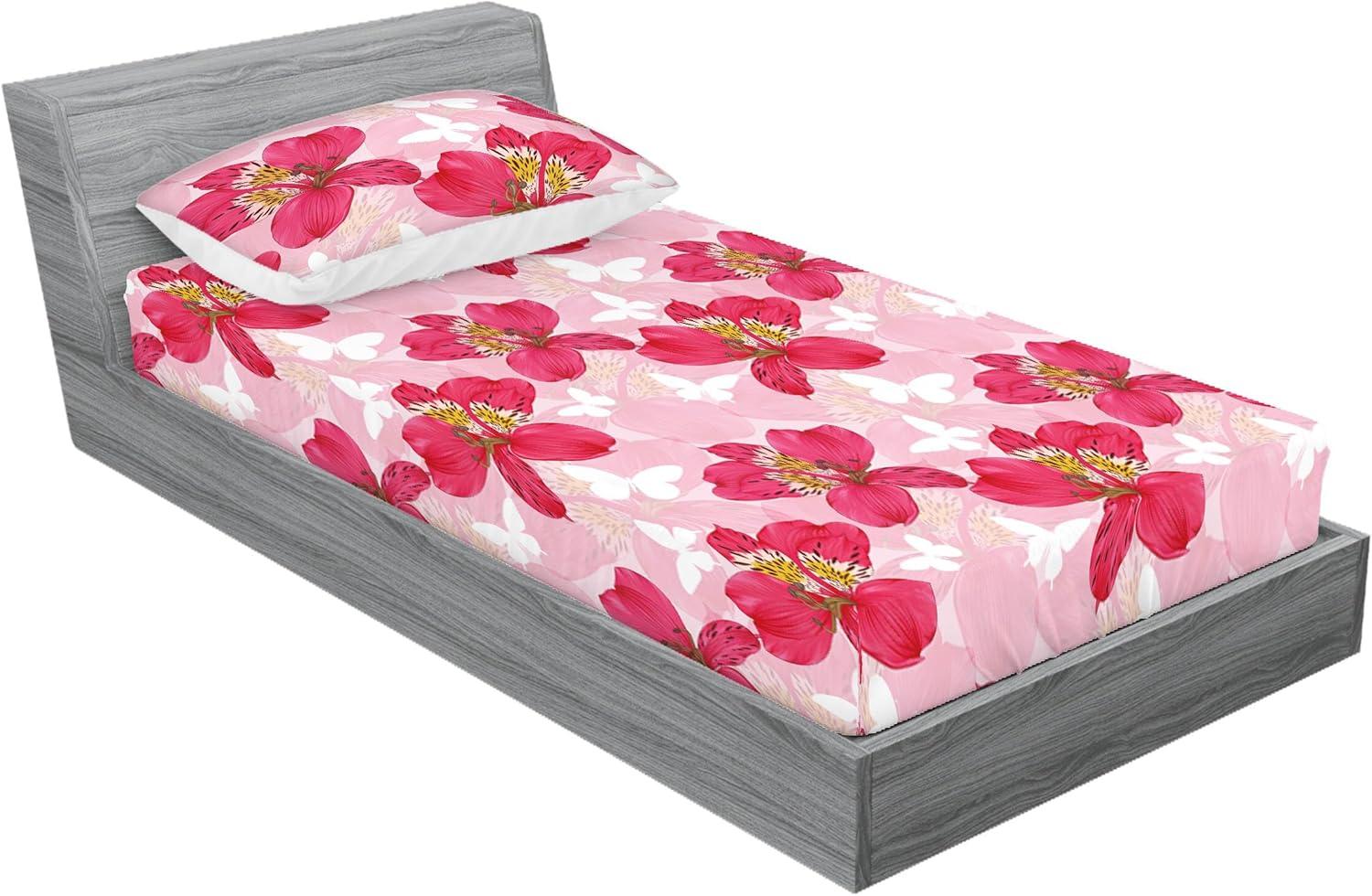 imageAmbesonne Floral Fitted Sheet amp Pillow Sham Set Monochrome Lily Flowers Valentines Day Concept Retro Illustration Decorative Printed 3 Piece Bedding Decor Set Full Charcoal Grey and WhiteDark Coral and Soft Pink