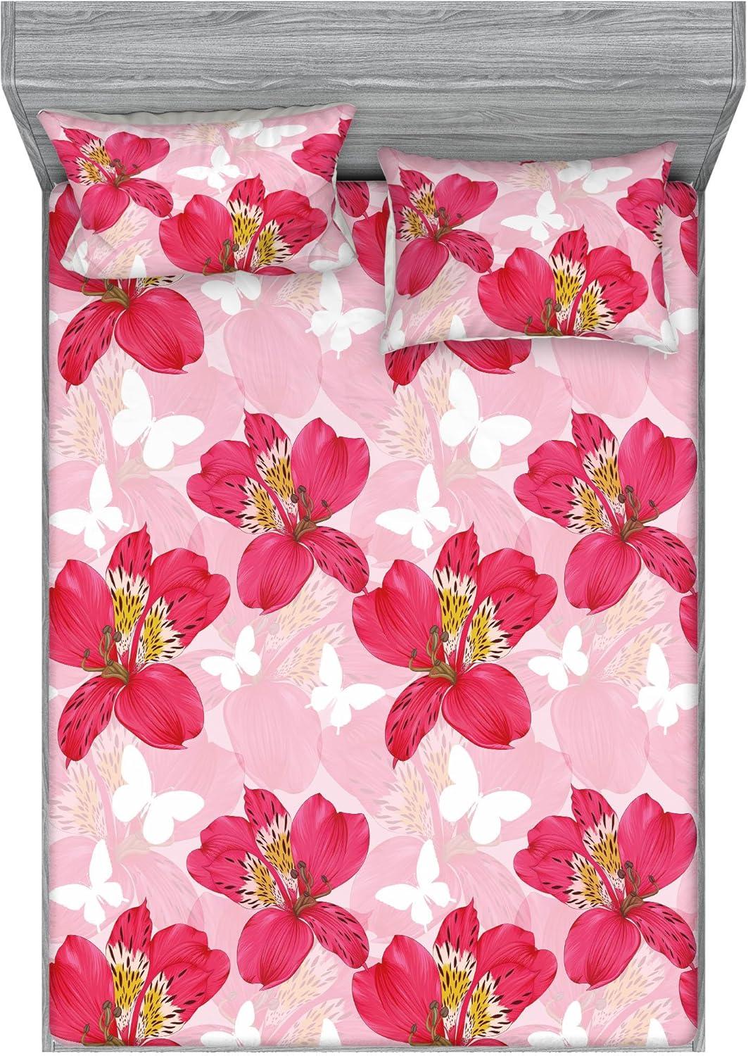 imageAmbesonne Floral Fitted Sheet amp Pillow Sham Set Monochrome Lily Flowers Valentines Day Concept Retro Illustration Decorative Printed 3 Piece Bedding Decor Set Full Charcoal Grey and WhiteDark Coral and Soft Pink