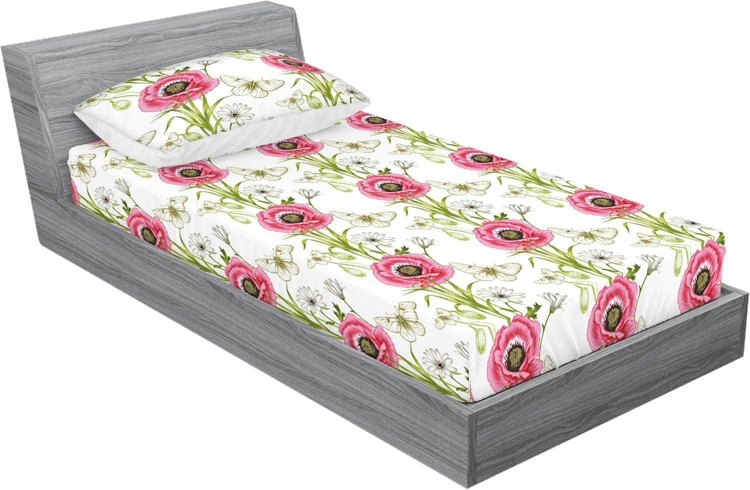 imageAmbesonne Floral Fitted Sheet amp Pillow Sham Set Monochrome Lily Flowers Valentines Day Concept Retro Illustration Decorative Printed 3 Piece Bedding Decor Set Full Charcoal Grey and WhiteDark Pink and Olive Green
