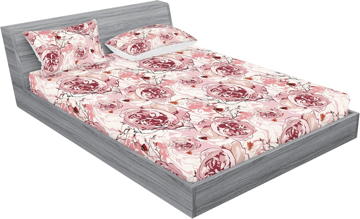 imageAmbesonne Floral Fitted Sheet amp Pillow Sham Set Monochrome Lily Flowers Valentines Day Concept Retro Illustration Decorative Printed 3 Piece Bedding Decor Set Full Charcoal Grey and WhitePale Maroon Blush and Ginger