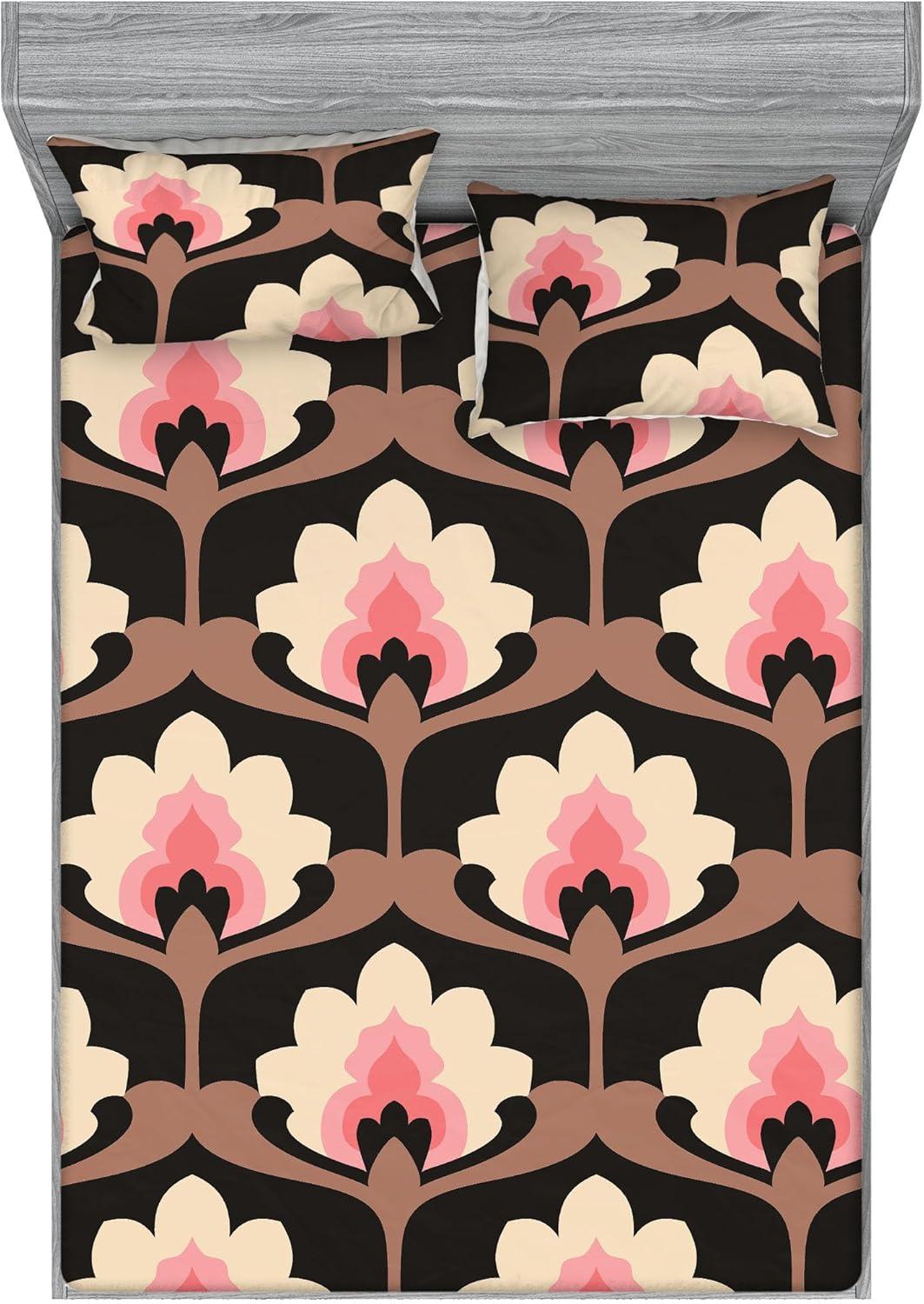 imageAmbesonne Floral Fitted Sheet amp Pillow Sham Set Monochrome Lily Flowers Valentines Day Concept Retro Illustration Decorative Printed 3 Piece Bedding Decor Set Full Charcoal Grey and WhitePastel Pink and Pale Rust