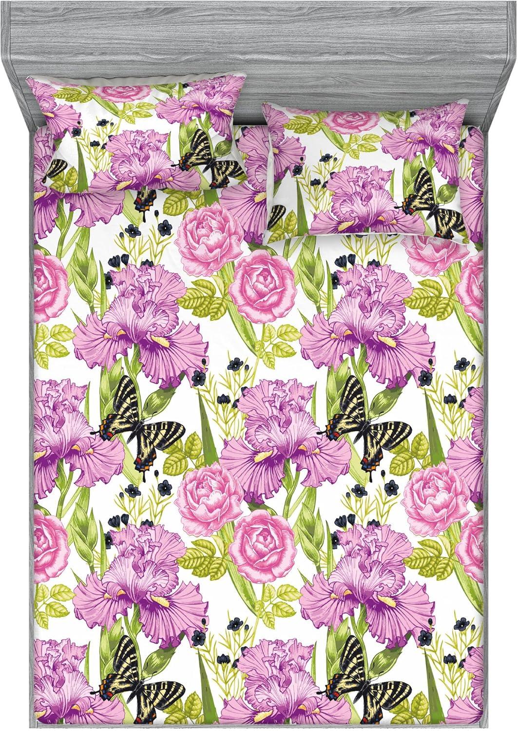 imageAmbesonne Floral Fitted Sheet amp Pillow Sham Set Monochrome Lily Flowers Valentines Day Concept Retro Illustration Decorative Printed 3 Piece Bedding Decor Set Full Charcoal Grey and WhiteAvocado Green Pale Purple