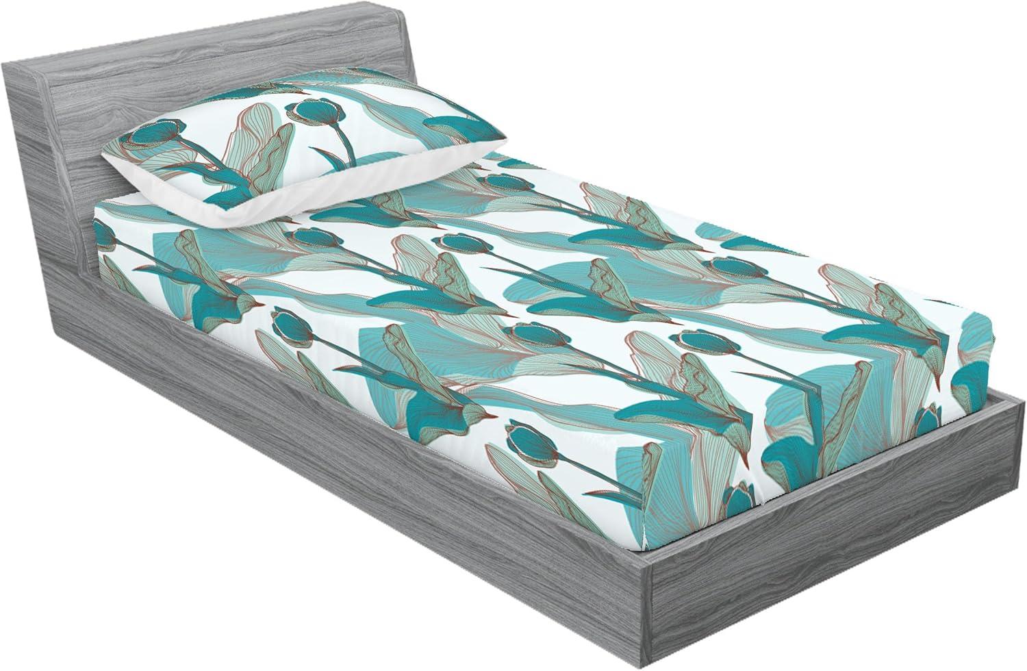 imageAmbesonne Floral Fitted Sheet amp Pillow Sham Set Monochrome Lily Flowers Valentines Day Concept Retro Illustration Decorative Printed 3 Piece Bedding Decor Set Full Charcoal Grey and WhitePale Teal Cadet Blue