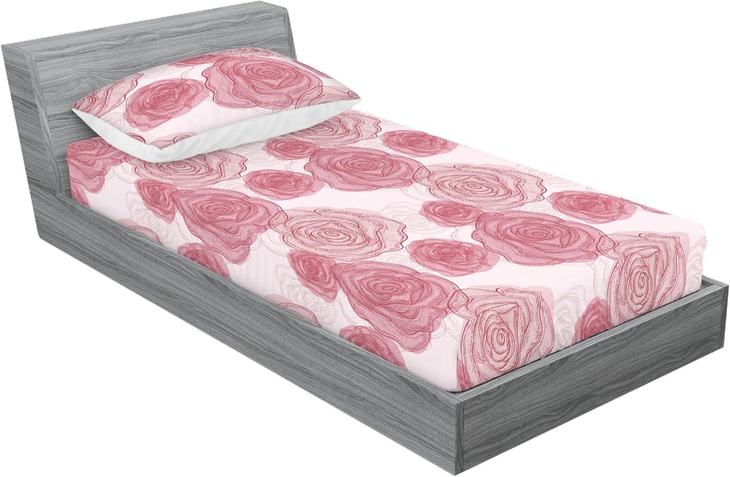 imageAmbesonne Floral Fitted Sheet amp Pillow Sham Set Monochrome Lily Flowers Valentines Day Concept Retro Illustration Decorative Printed 3 Piece Bedding Decor Set Full Charcoal Grey and WhitePale Ruby Grey Pink