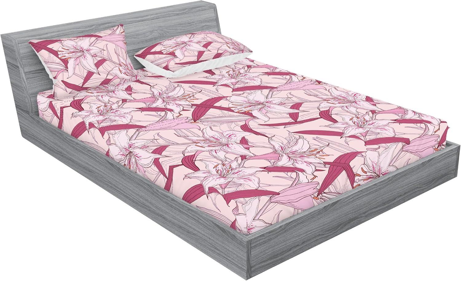 imageAmbesonne Floral Fitted Sheet amp Pillow Sham Set Monochrome Lily Flowers Valentines Day Concept Retro Illustration Decorative Printed 3 Piece Bedding Decor Set Full Charcoal Grey and WhitePastel Pink and Blush