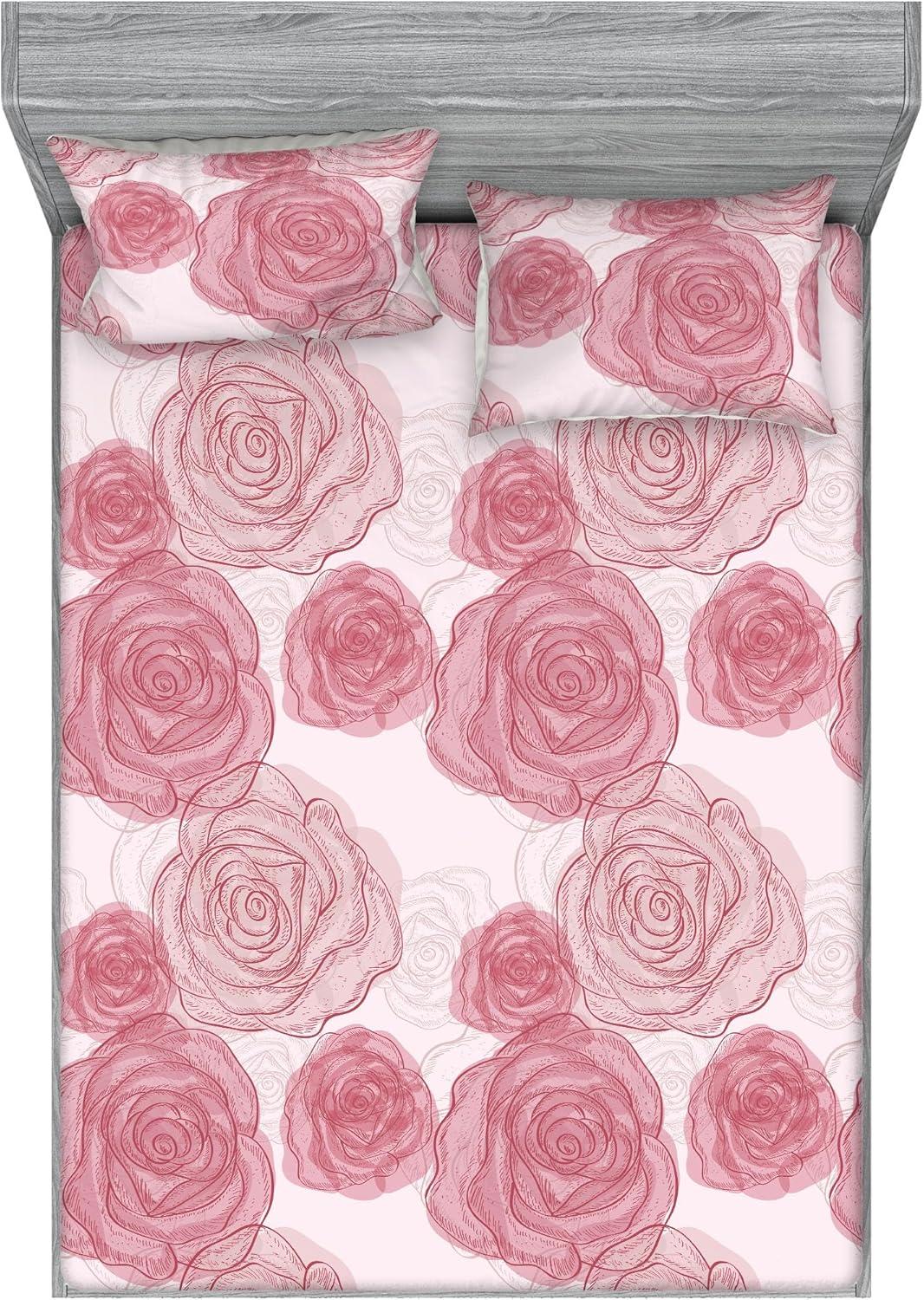 imageAmbesonne Floral Fitted Sheet amp Pillow Sham Set Monochrome Lily Flowers Valentines Day Concept Retro Illustration Decorative Printed 3 Piece Bedding Decor Set Full Charcoal Grey and WhitePale Ruby Grey Pink