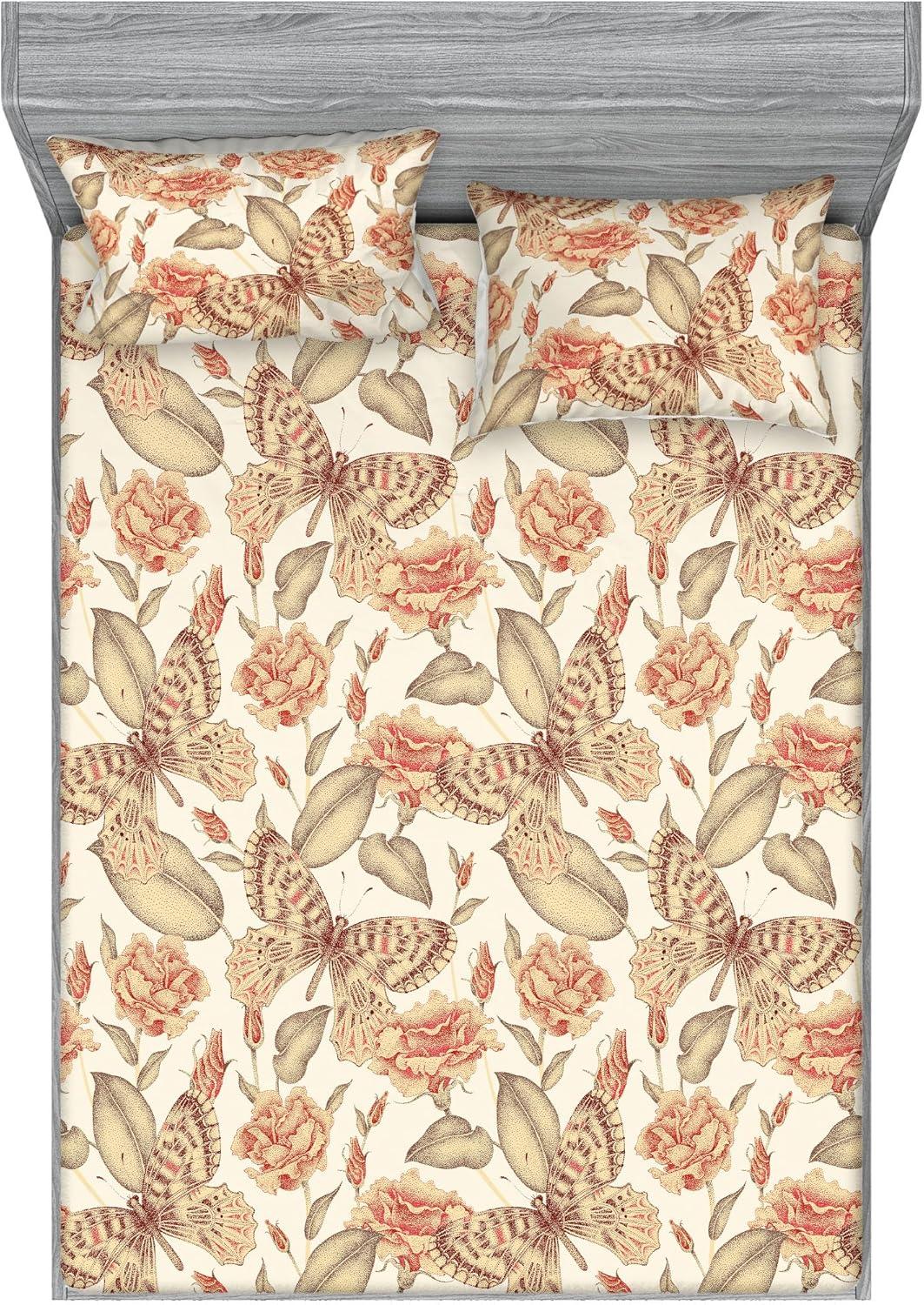 imageAmbesonne Floral Fitted Sheet amp Pillow Sham Set Monochrome Lily Flowers Valentines Day Concept Retro Illustration Decorative Printed 3 Piece Bedding Decor Set Full Charcoal Grey and WhitePale Rust and Sand Brown