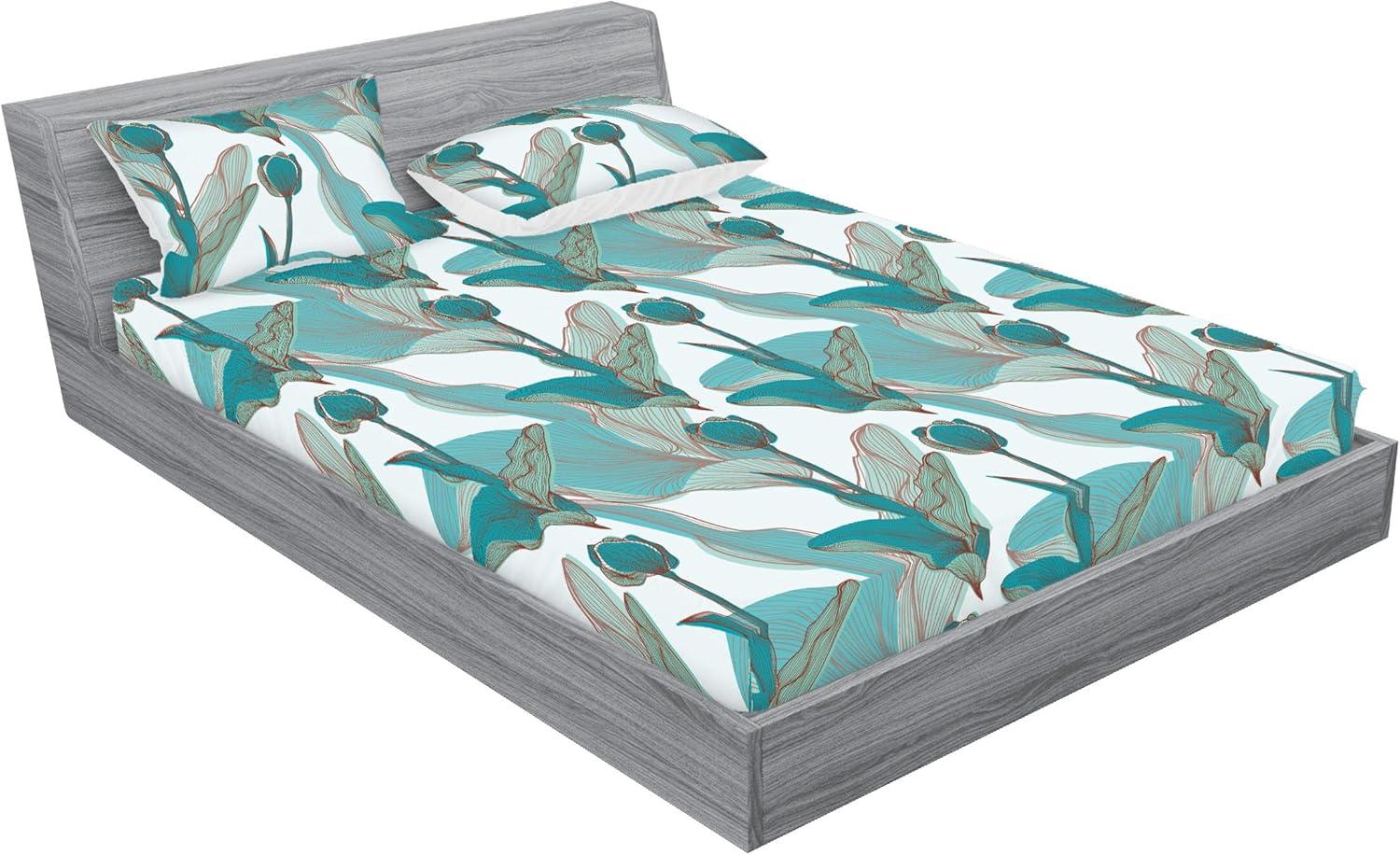 imageAmbesonne Floral Fitted Sheet amp Pillow Sham Set Monochrome Lily Flowers Valentines Day Concept Retro Illustration Decorative Printed 3 Piece Bedding Decor Set Full Charcoal Grey and WhitePale Teal Cadet Blue