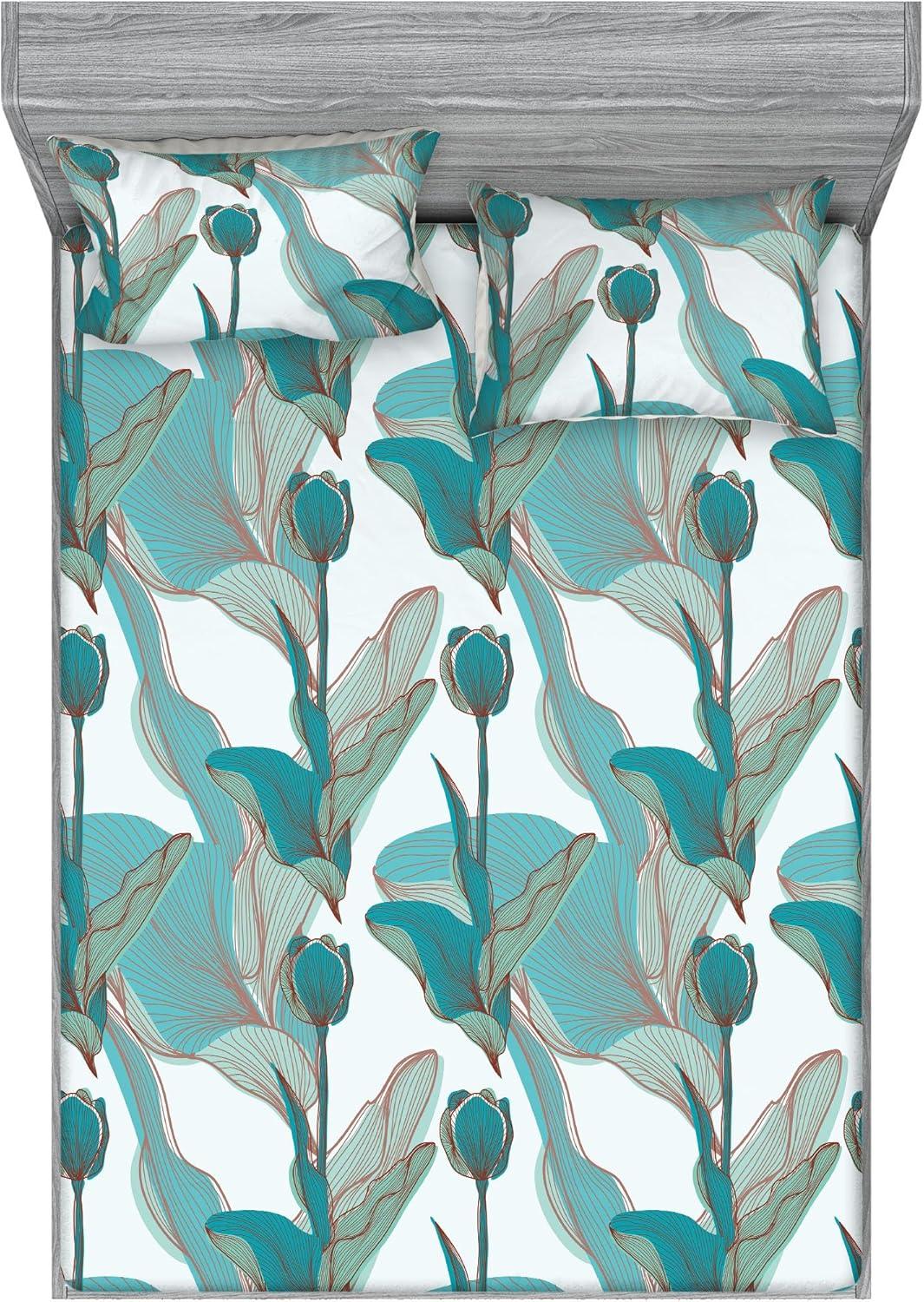 imageAmbesonne Floral Fitted Sheet amp Pillow Sham Set Monochrome Lily Flowers Valentines Day Concept Retro Illustration Decorative Printed 3 Piece Bedding Decor Set Full Charcoal Grey and WhitePale Teal Cadet Blue
