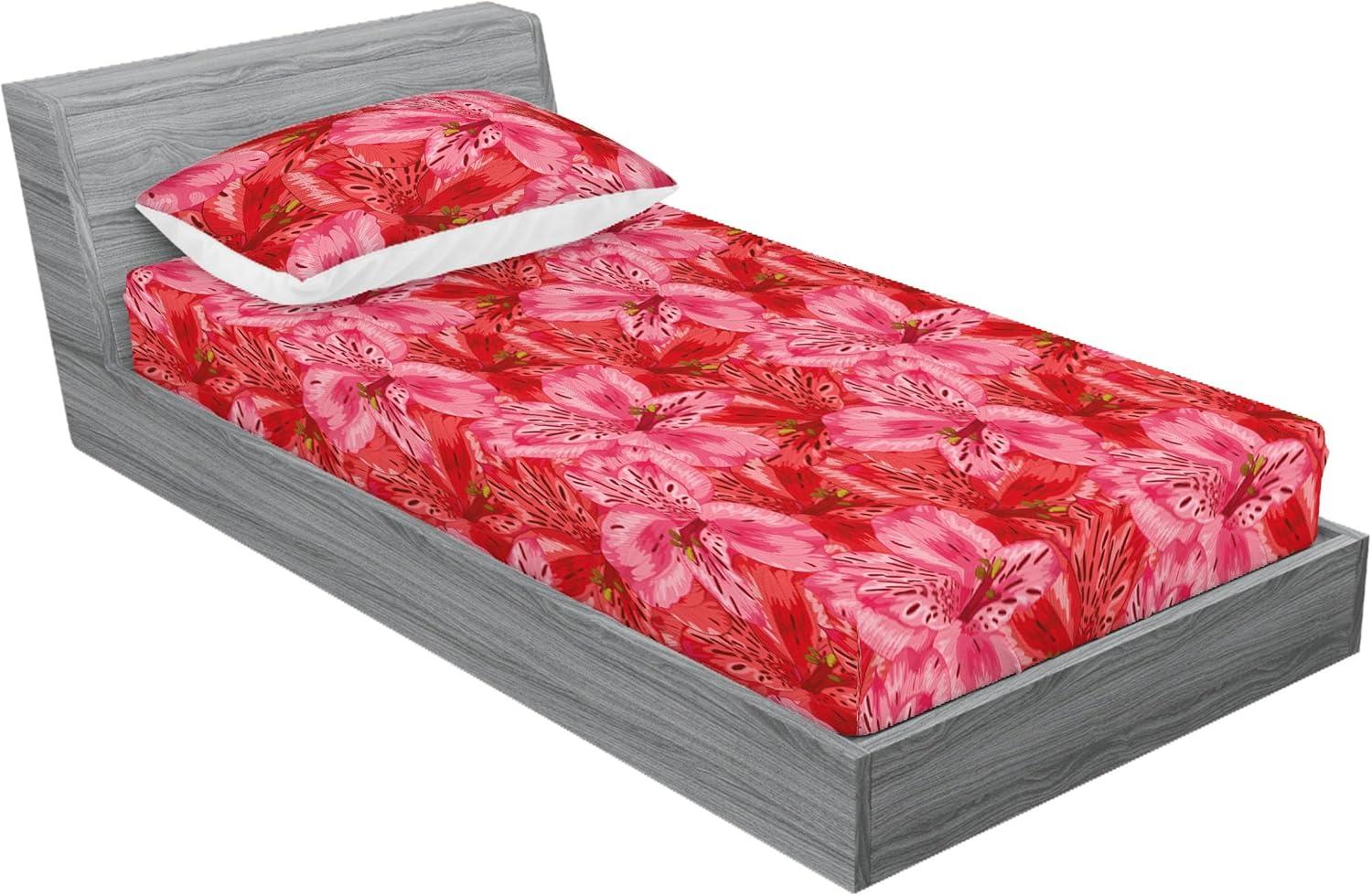 imageAmbesonne Floral Fitted Sheet amp Pillow Sham Set Monochrome Lily Flowers Valentines Day Concept Retro Illustration Decorative Printed 3 Piece Bedding Decor Set Full Charcoal Grey and WhitePastel Pink and Dark Coral