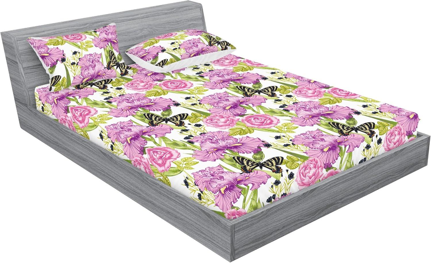imageAmbesonne Floral Fitted Sheet amp Pillow Sham Set Monochrome Lily Flowers Valentines Day Concept Retro Illustration Decorative Printed 3 Piece Bedding Decor Set Full Charcoal Grey and WhiteAvocado Green Pale Purple