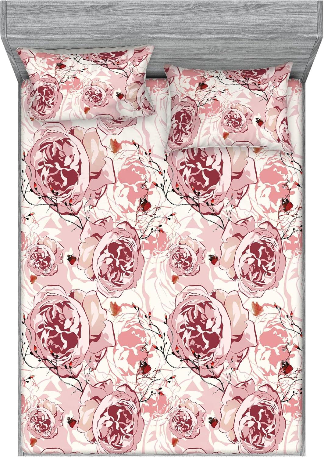 imageAmbesonne Floral Fitted Sheet amp Pillow Sham Set Monochrome Lily Flowers Valentines Day Concept Retro Illustration Decorative Printed 3 Piece Bedding Decor Set Full Charcoal Grey and WhitePale Maroon Blush and Ginger