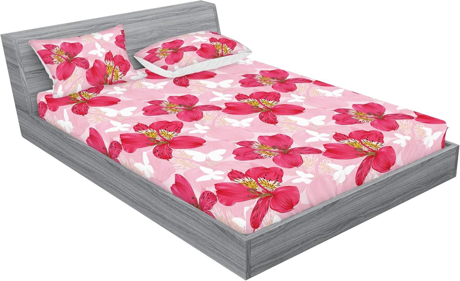 imageAmbesonne Floral Fitted Sheet amp Pillow Sham Set Monochrome Lily Flowers Valentines Day Concept Retro Illustration Decorative Printed 3 Piece Bedding Decor Set Full Charcoal Grey and WhiteDark Coral and Soft Pink