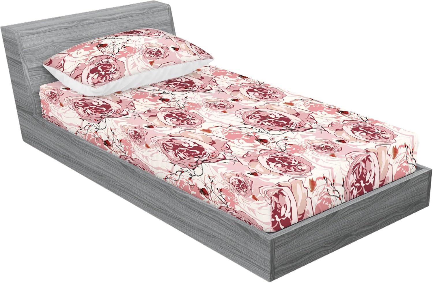 imageAmbesonne Floral Fitted Sheet amp Pillow Sham Set Monochrome Lily Flowers Valentines Day Concept Retro Illustration Decorative Printed 3 Piece Bedding Decor Set Full Charcoal Grey and WhitePale Maroon Blush and Ginger