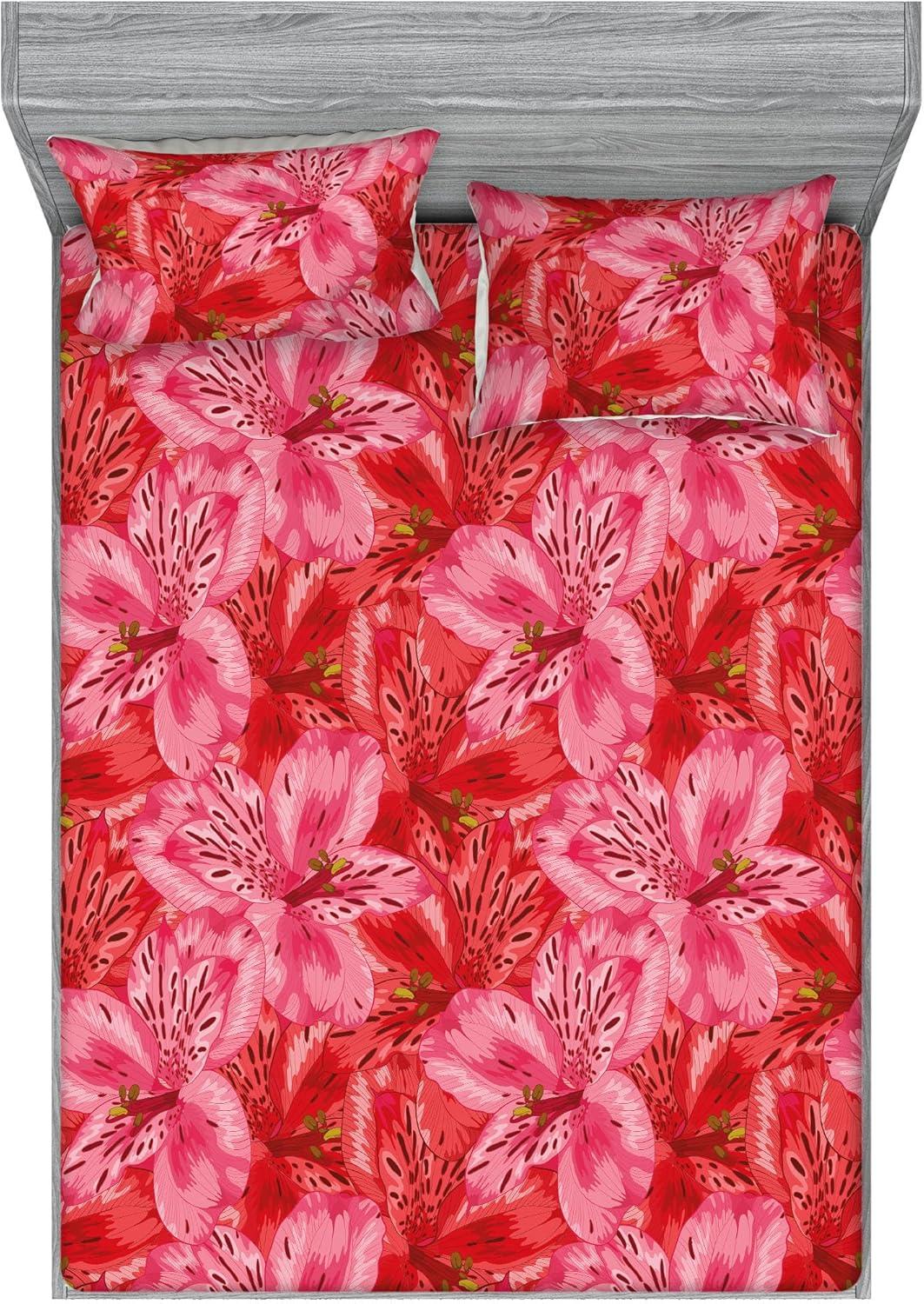 imageAmbesonne Floral Fitted Sheet amp Pillow Sham Set Monochrome Lily Flowers Valentines Day Concept Retro Illustration Decorative Printed 3 Piece Bedding Decor Set Full Charcoal Grey and WhitePastel Pink and Dark Coral