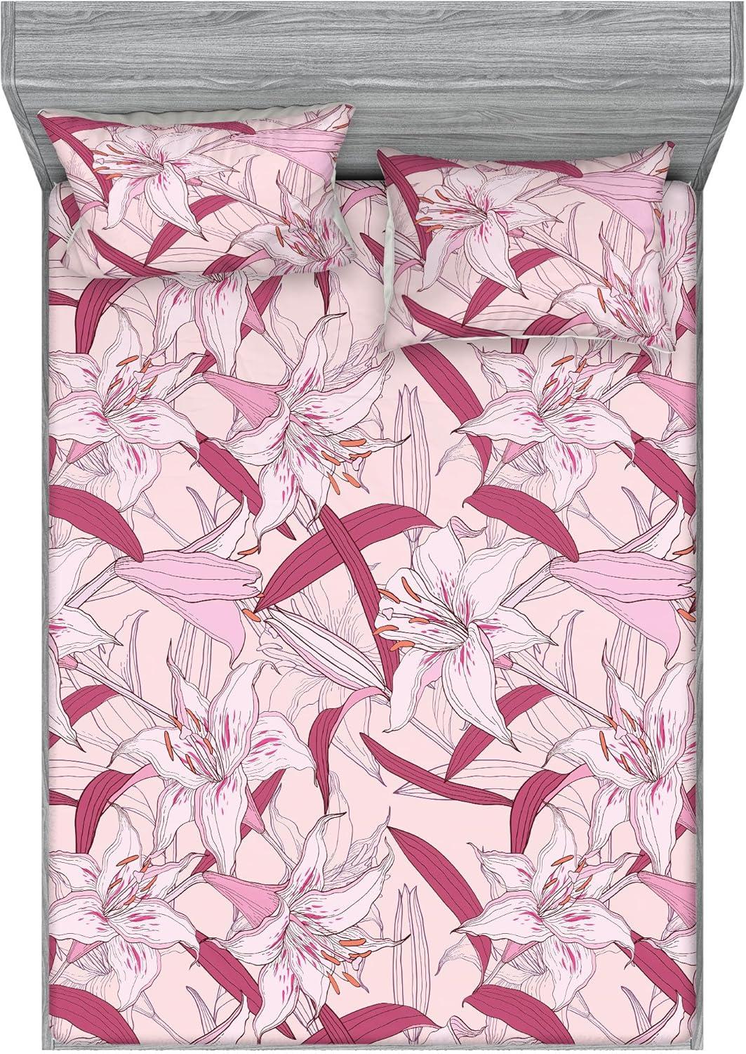 imageAmbesonne Floral Fitted Sheet amp Pillow Sham Set Monochrome Lily Flowers Valentines Day Concept Retro Illustration Decorative Printed 3 Piece Bedding Decor Set Full Charcoal Grey and WhitePastel Pink and Blush