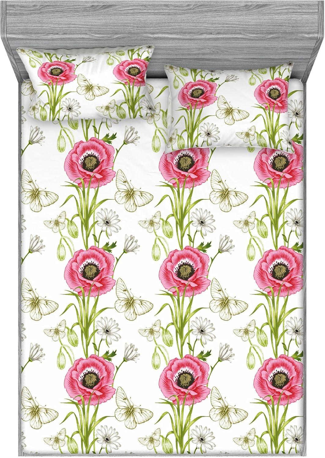 imageAmbesonne Floral Fitted Sheet amp Pillow Sham Set Monochrome Lily Flowers Valentines Day Concept Retro Illustration Decorative Printed 3 Piece Bedding Decor Set Full Charcoal Grey and WhiteDark Pink and Olive Green