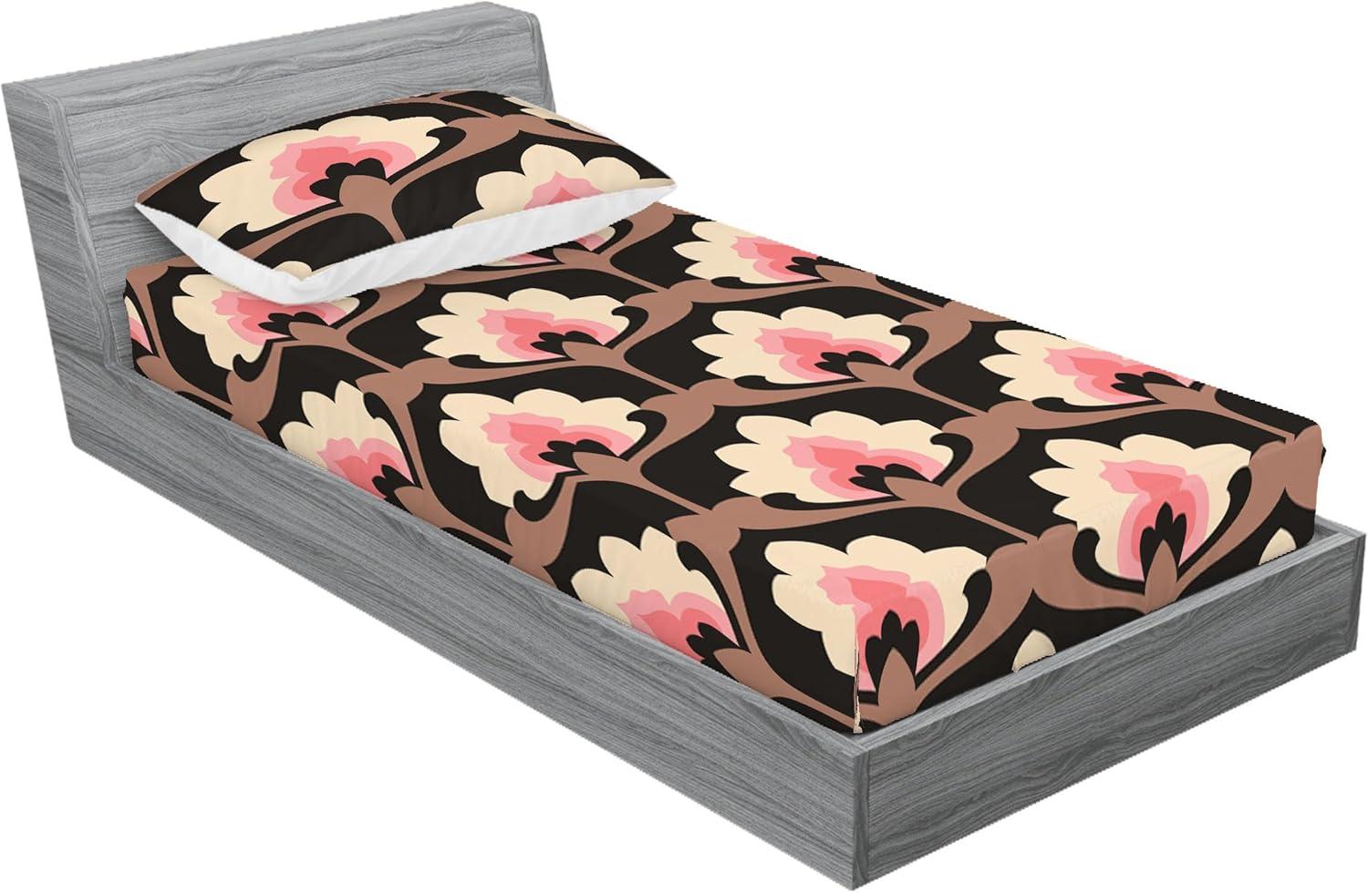 imageAmbesonne Floral Fitted Sheet amp Pillow Sham Set Monochrome Lily Flowers Valentines Day Concept Retro Illustration Decorative Printed 3 Piece Bedding Decor Set Full Charcoal Grey and WhitePastel Pink and Pale Rust