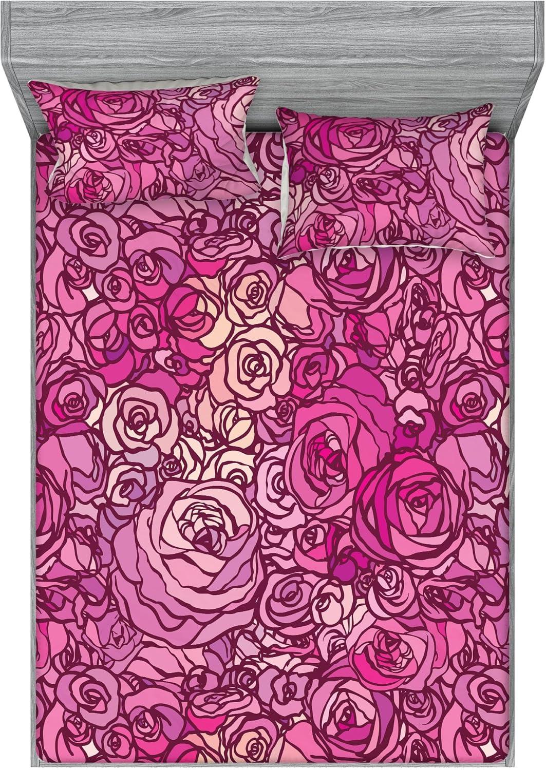 imageAmbesonne Floral Fitted Sheet amp Pillow Sham Set Romantic Valentines Day Theme Overlapping Simplistic Rose Flowers Art Decorative Printed 3 Piece Bedding Decor Set Calking Pale Salmon and BlushHot Pink and Dark Magenta