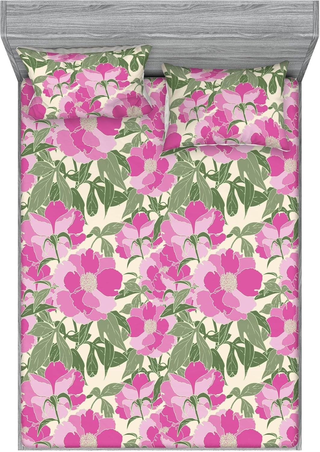 imageAmbesonne Floral Fitted Sheet amp Pillow Sham Set Romantic Valentines Day Theme Overlapping Simplistic Rose Flowers Art Decorative Printed 3 Piece Bedding Decor Set Calking Pale Salmon and BlushSoft Pink and Sage Green