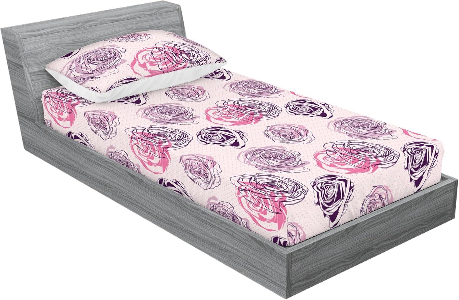 imageAmbesonne Floral Fitted Sheet amp Pillow Sham Set Romantic Valentines Day Theme Overlapping Simplistic Rose Flowers Art Decorative Printed 3 Piece Bedding Decor Set Calking Pale Salmon and BlushDark Purple Grey Pink