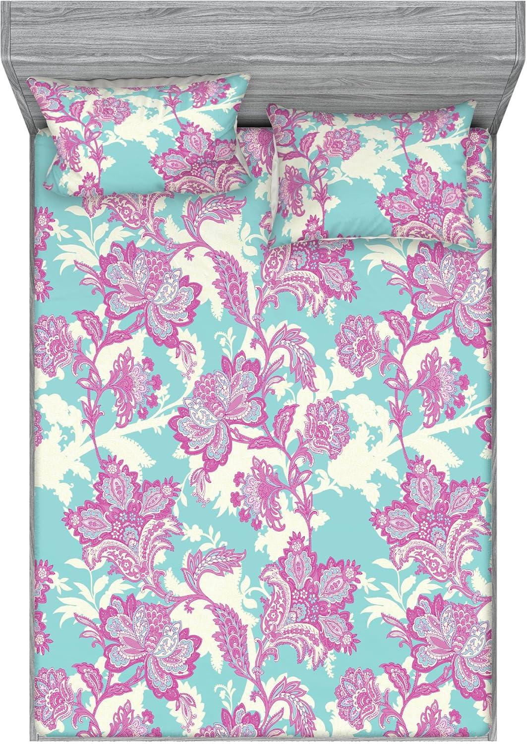 imageAmbesonne Floral Fitted Sheet amp Pillow Sham Set Romantic Valentines Day Theme Overlapping Simplistic Rose Flowers Art Decorative Printed 3 Piece Bedding Decor Set Calking Pale Salmon and BlushPale Fuchsia Seafoam