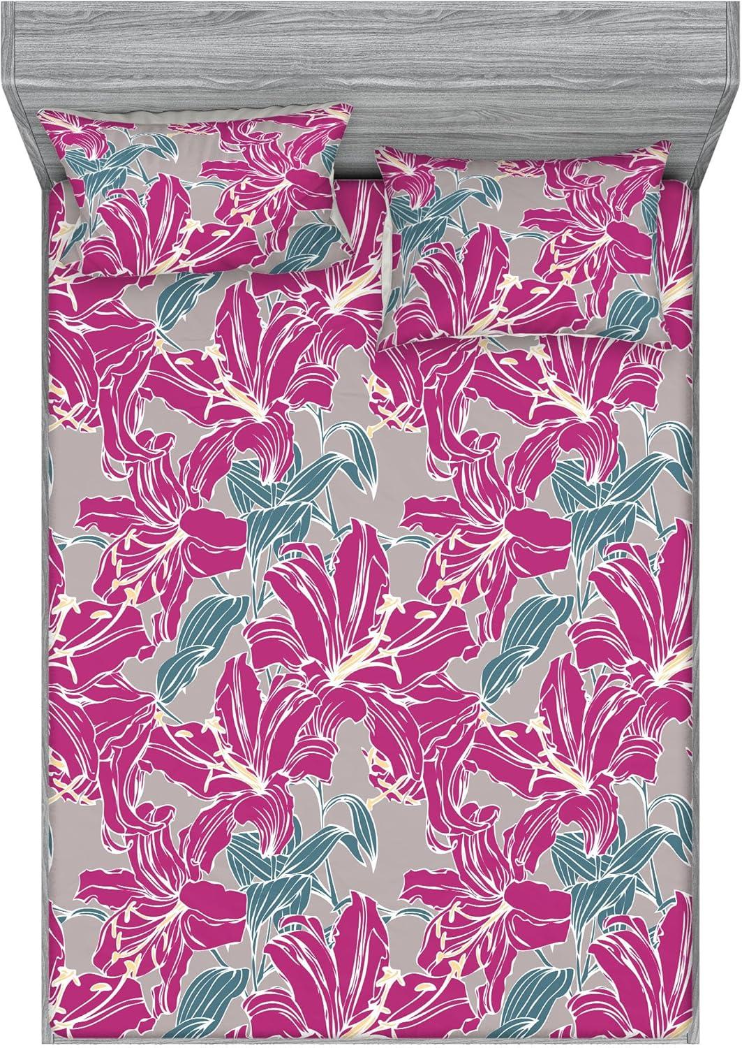 imageAmbesonne Floral Fitted Sheet amp Pillow Sham Set Romantic Valentines Day Theme Overlapping Simplistic Rose Flowers Art Decorative Printed 3 Piece Bedding Decor Set Calking Pale Salmon and BlushSoft Pink Slate Blue