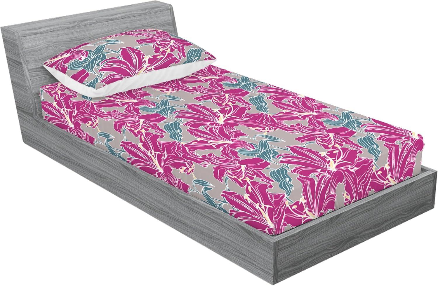 imageAmbesonne Floral Fitted Sheet amp Pillow Sham Set Romantic Valentines Day Theme Overlapping Simplistic Rose Flowers Art Decorative Printed 3 Piece Bedding Decor Set Calking Pale Salmon and BlushSoft Pink Slate Blue