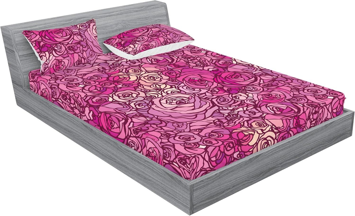 imageAmbesonne Floral Fitted Sheet amp Pillow Sham Set Romantic Valentines Day Theme Overlapping Simplistic Rose Flowers Art Decorative Printed 3 Piece Bedding Decor Set Calking Pale Salmon and BlushHot Pink and Dark Magenta