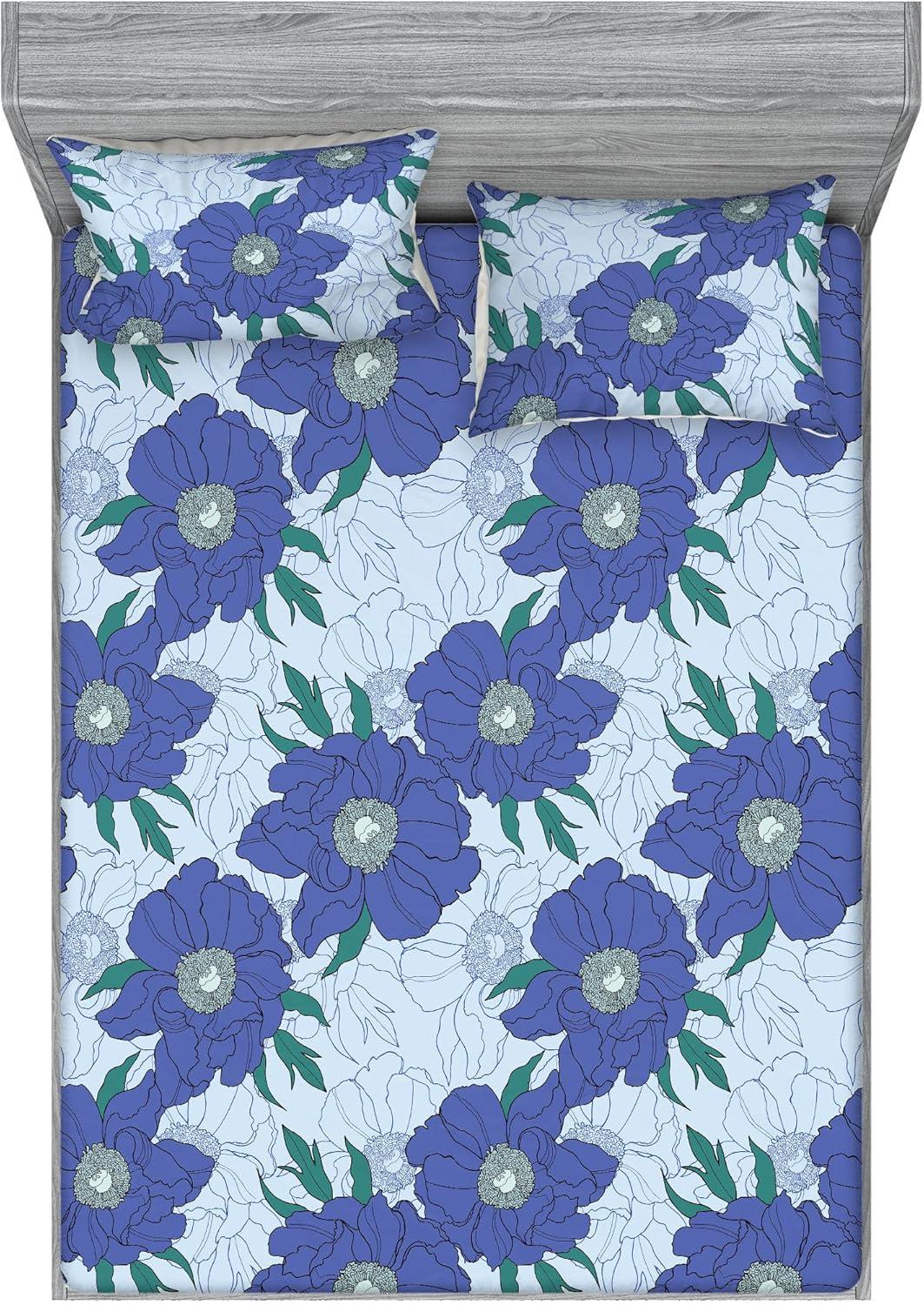 imageAmbesonne Floral Fitted Sheet amp Pillow Sham Set Romantic Valentines Day Theme Overlapping Simplistic Rose Flowers Art Decorative Printed 3 Piece Bedding Decor Set Calking Pale Salmon and BlushDark Ceil Blue Fern Green