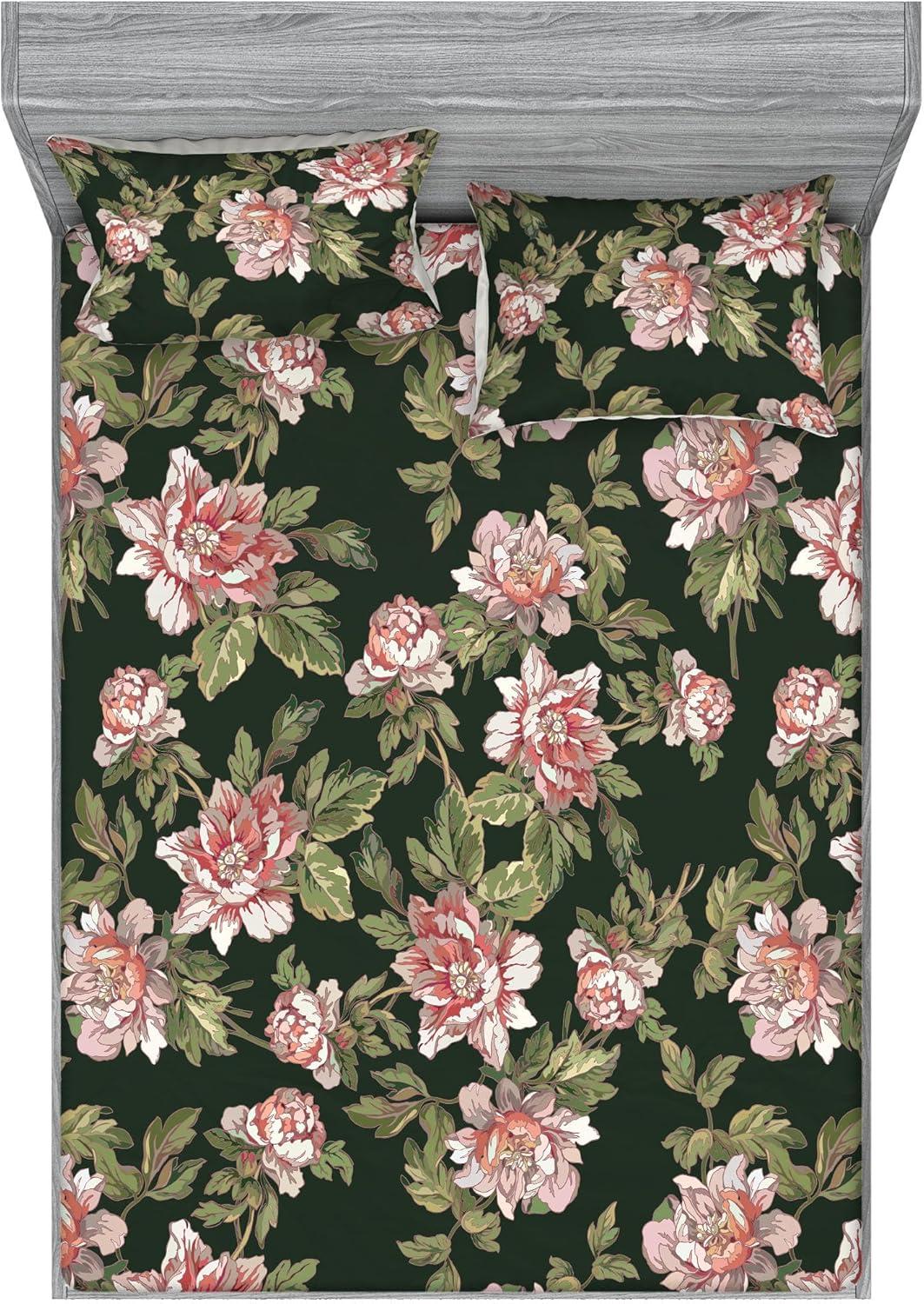 imageAmbesonne Floral Fitted Sheet amp Pillow Sham Set Romantic Valentines Day Theme Overlapping Simplistic Rose Flowers Art Decorative Printed 3 Piece Bedding Decor Set Calking Pale Salmon and BlushEvergreen and Mauve Taupe
