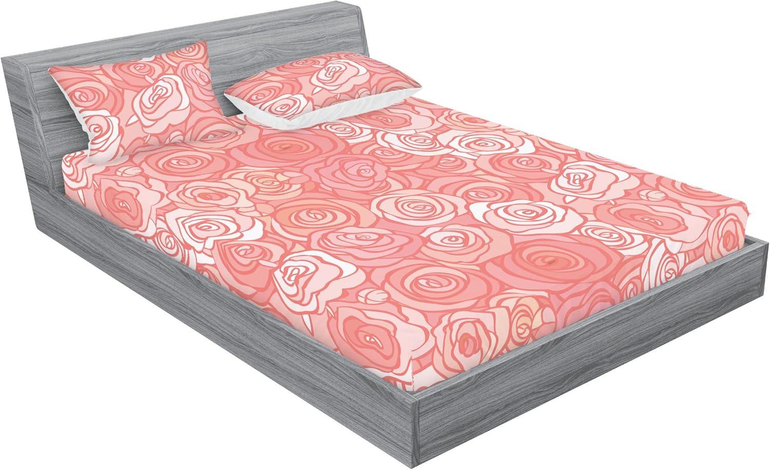 imageAmbesonne Floral Fitted Sheet amp Pillow Sham Set Romantic Valentines Day Theme Overlapping Simplistic Rose Flowers Art Decorative Printed 3 Piece Bedding Decor Set Calking Pale Salmon and BlushPale Salmon and Blush