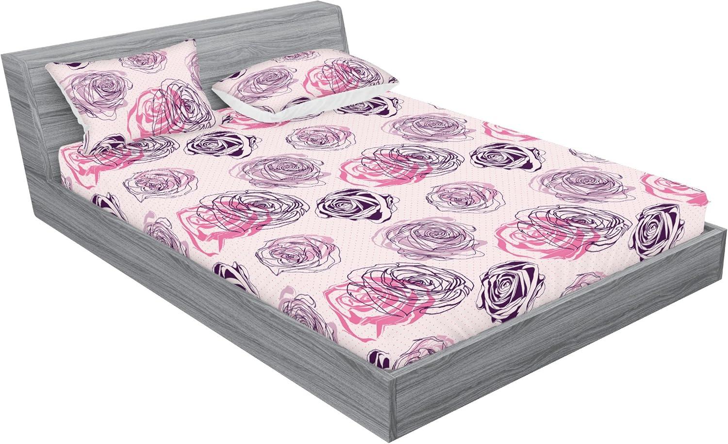 imageAmbesonne Floral Fitted Sheet amp Pillow Sham Set Romantic Valentines Day Theme Overlapping Simplistic Rose Flowers Art Decorative Printed 3 Piece Bedding Decor Set Calking Pale Salmon and BlushDark Purple Grey Pink