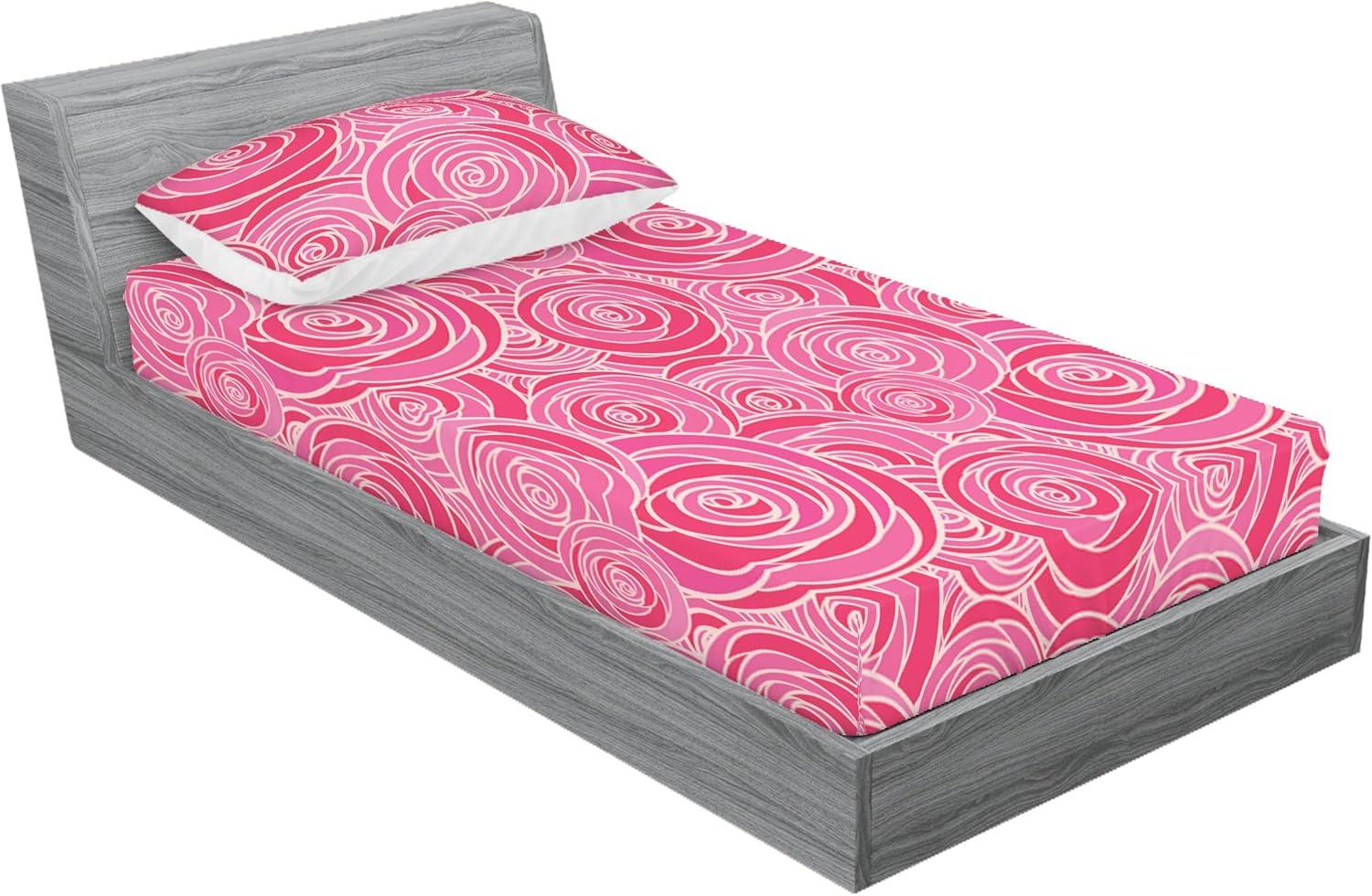 imageAmbesonne Floral Fitted Sheet amp Pillow Sham Set Romantic Valentines Day Theme Overlapping Simplistic Rose Flowers Art Decorative Printed 3 Piece Bedding Decor Set Calking Pale Salmon and BlushDark Coral and Soft Pink