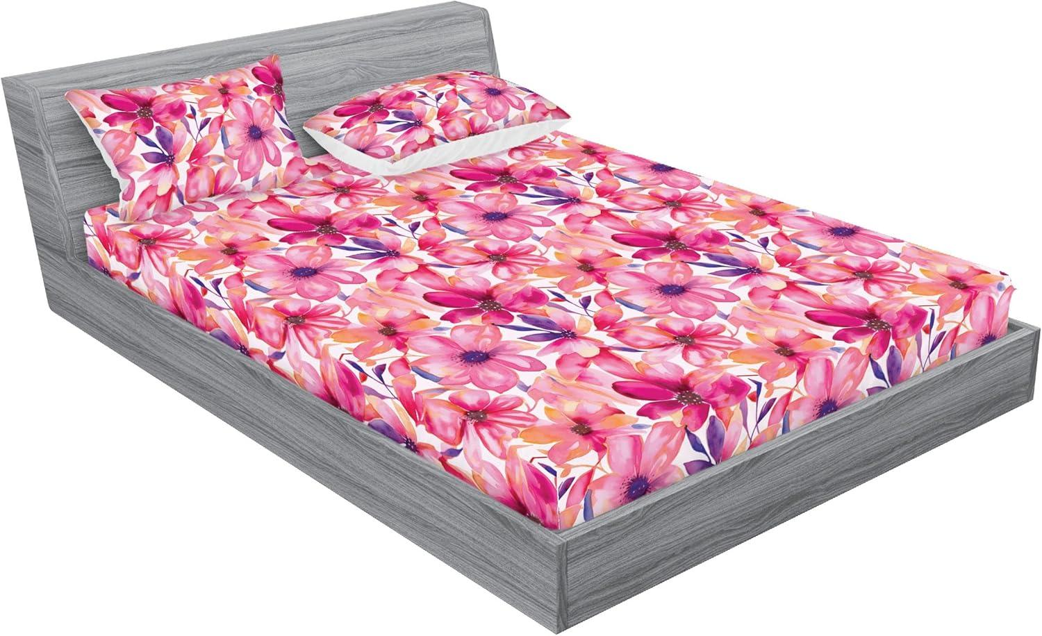 imageAmbesonne Floral Fitted Sheet amp Pillow Sham Set Romantic Valentines Day Theme Overlapping Simplistic Rose Flowers Art Decorative Printed 3 Piece Bedding Decor Set Calking Pale Salmon and BlushHot Pink Blue Violet