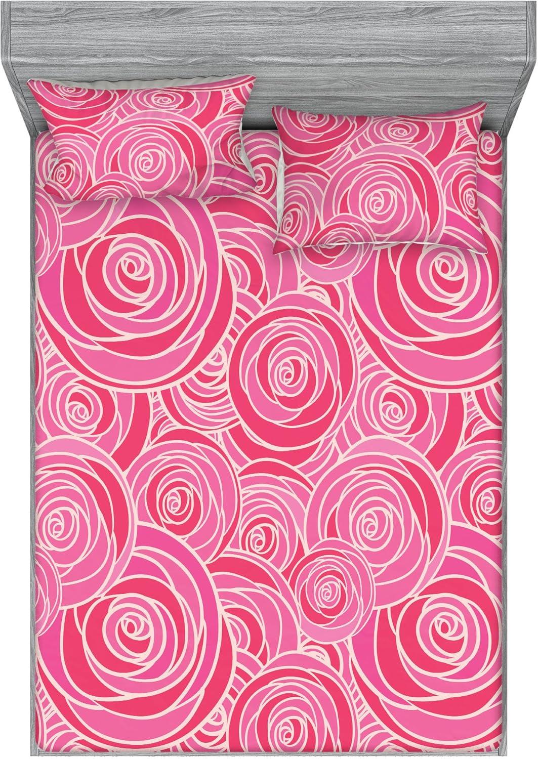 imageAmbesonne Floral Fitted Sheet amp Pillow Sham Set Romantic Valentines Day Theme Overlapping Simplistic Rose Flowers Art Decorative Printed 3 Piece Bedding Decor Set Calking Pale Salmon and BlushDark Coral and Soft Pink