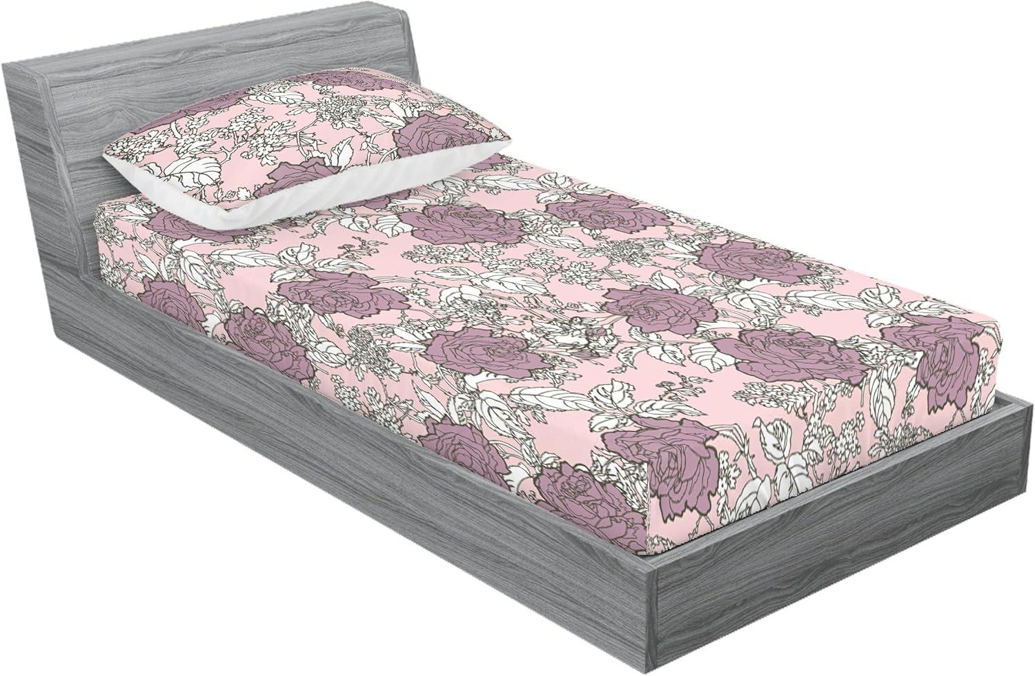 imageAmbesonne Floral Fitted Sheet amp Pillow Sham Set Romantic Valentines Day Theme Overlapping Simplistic Rose Flowers Art Decorative Printed 3 Piece Bedding Decor Set Calking Pale Salmon and BlushPale Mauve White Sepia