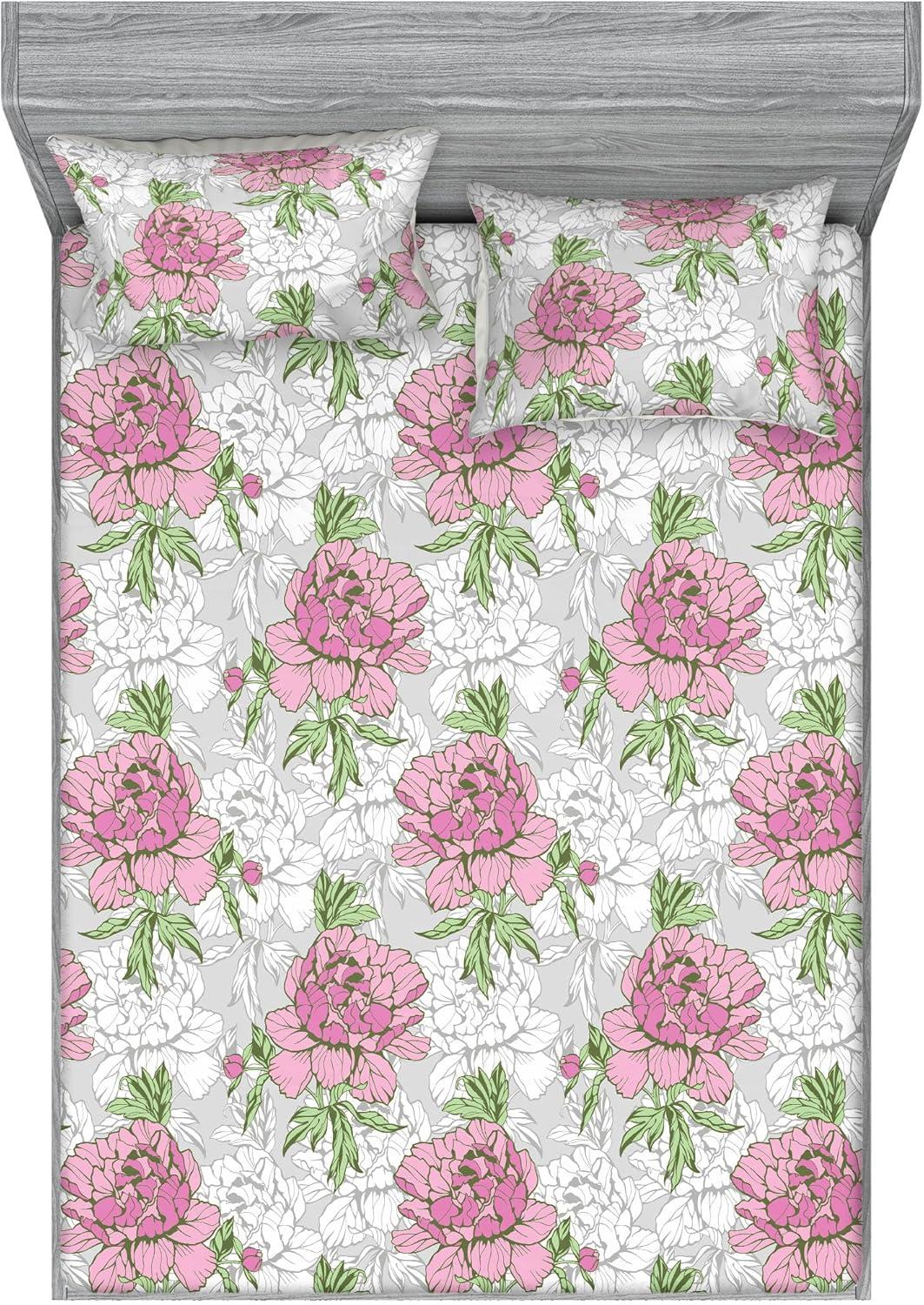 imageAmbesonne Floral Fitted Sheet amp Pillow Sham Set Romantic Valentines Day Theme Overlapping Simplistic Rose Flowers Art Decorative Printed 3 Piece Bedding Decor Set Calking Pale Salmon and BlushSoft Pink and Sage Green