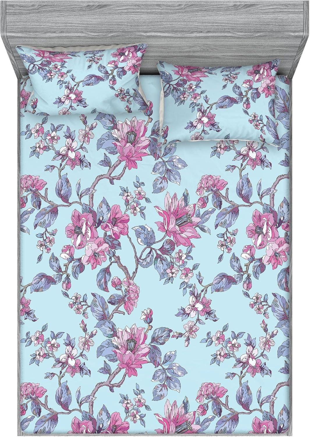 imageAmbesonne Floral Fitted Sheet amp Pillow Sham Set Romantic Valentines Day Theme Overlapping Simplistic Rose Flowers Art Decorative Printed 3 Piece Bedding Decor Set Calking Pale Salmon and BlushSoft Pink and Purpleblue