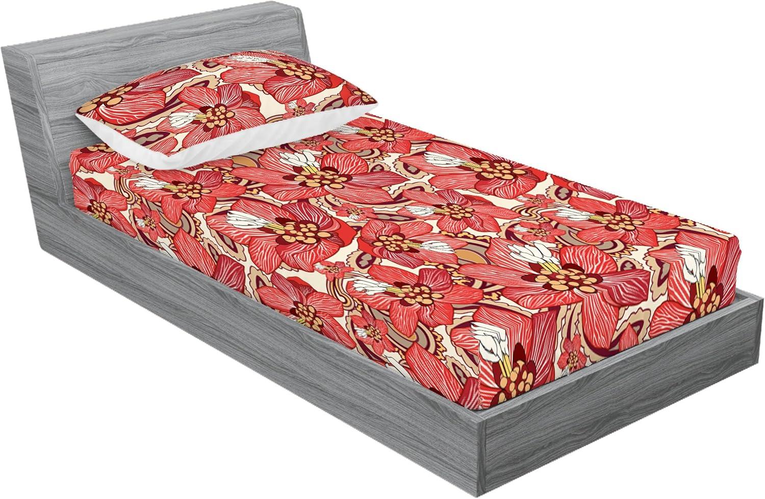 imageAmbesonne Floral Fitted Sheet amp Pillow Sham Set Romantic Valentines Day Theme Overlapping Simplistic Rose Flowers Art Decorative Printed 3 Piece Bedding Decor Set Calking Pale Salmon and BlushDark Coral and Pale Camel
