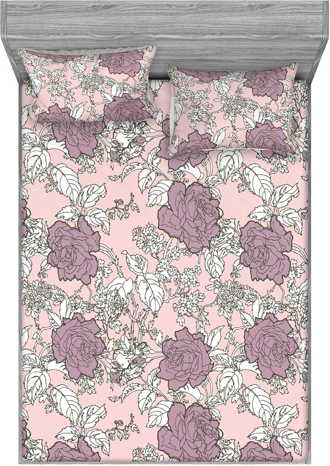 imageAmbesonne Floral Fitted Sheet amp Pillow Sham Set Romantic Valentines Day Theme Overlapping Simplistic Rose Flowers Art Decorative Printed 3 Piece Bedding Decor Set Calking Pale Salmon and BlushPale Mauve White Sepia