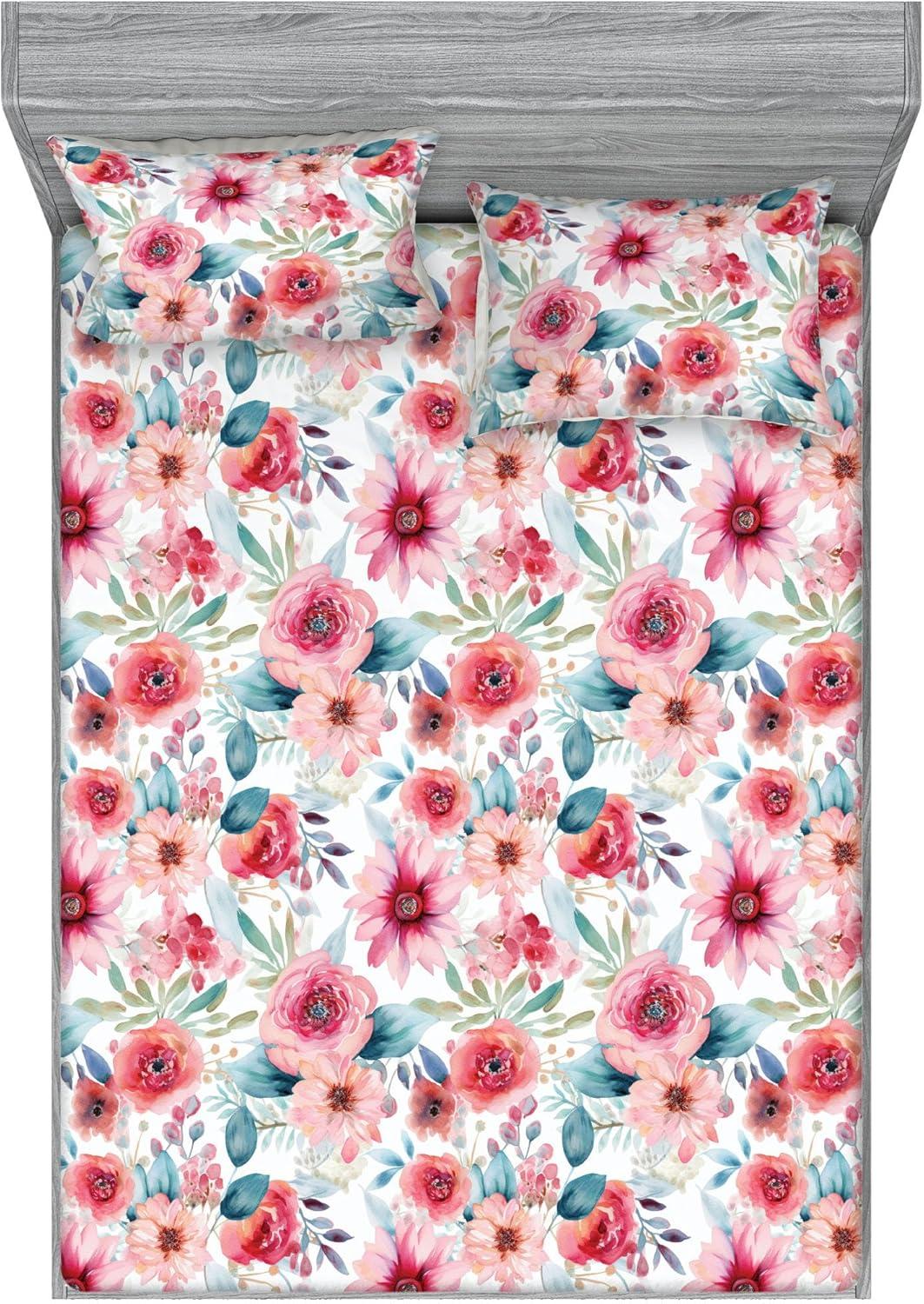 imageAmbesonne Floral Fitted Sheet amp Pillow Sham Set Romantic Valentines Day Theme Overlapping Simplistic Rose Flowers Art Decorative Printed 3 Piece Bedding Decor Set Calking Pale Salmon and BlushDried Rose and Slate Blue