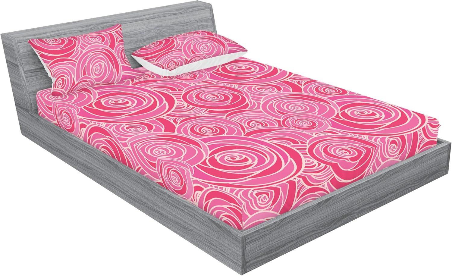 imageAmbesonne Floral Fitted Sheet amp Pillow Sham Set Romantic Valentines Day Theme Overlapping Simplistic Rose Flowers Art Decorative Printed 3 Piece Bedding Decor Set Calking Pale Salmon and BlushDark Coral and Soft Pink