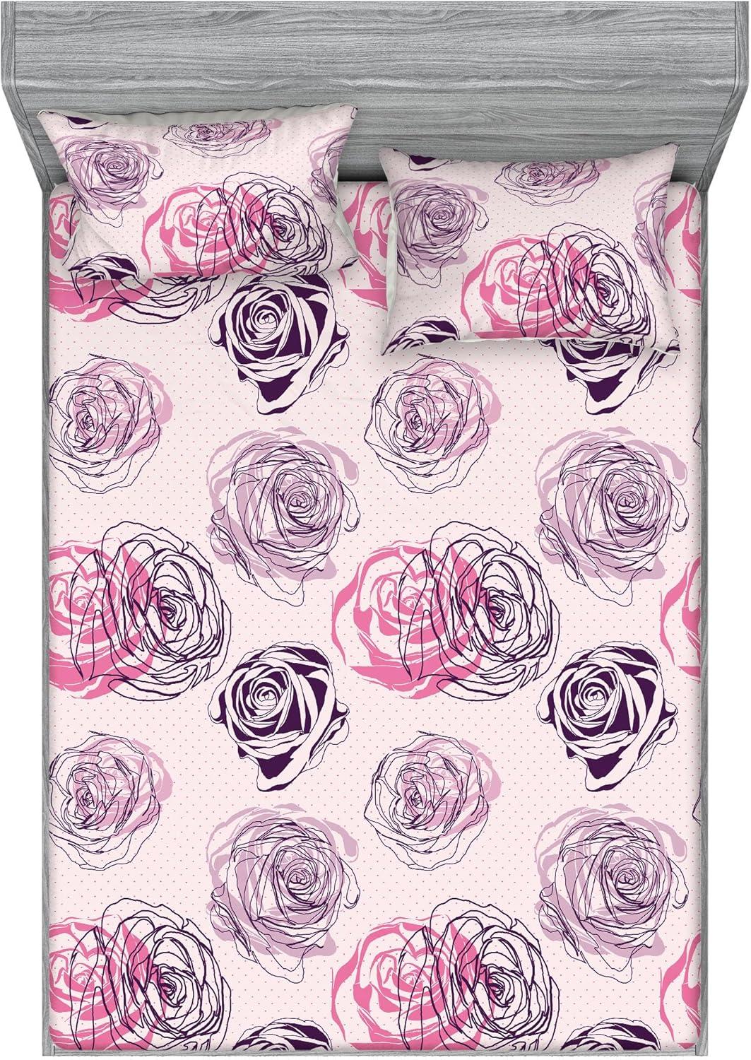 imageAmbesonne Floral Fitted Sheet amp Pillow Sham Set Romantic Valentines Day Theme Overlapping Simplistic Rose Flowers Art Decorative Printed 3 Piece Bedding Decor Set Calking Pale Salmon and BlushDark Purple Grey Pink