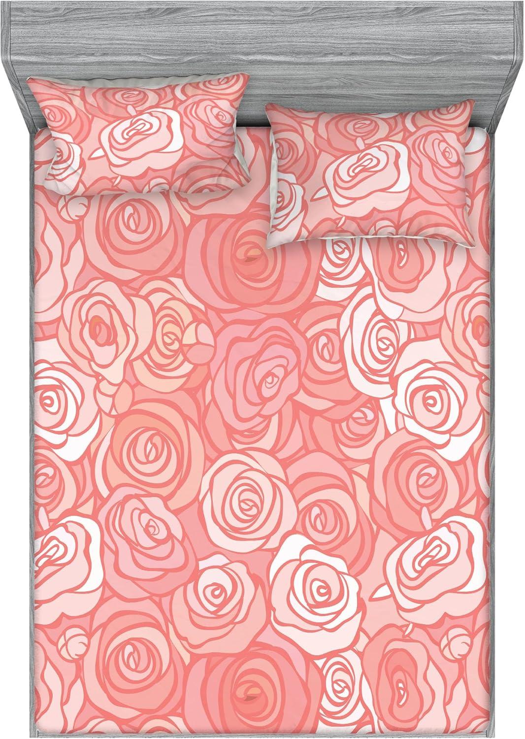 imageAmbesonne Floral Fitted Sheet amp Pillow Sham Set Romantic Valentines Day Theme Overlapping Simplistic Rose Flowers Art Decorative Printed 3 Piece Bedding Decor Set Calking Pale Salmon and BlushPale Salmon and Blush