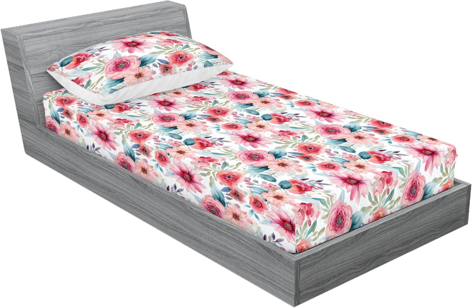 imageAmbesonne Floral Fitted Sheet amp Pillow Sham Set Romantic Valentines Day Theme Overlapping Simplistic Rose Flowers Art Decorative Printed 3 Piece Bedding Decor Set Calking Pale Salmon and BlushDried Rose and Slate Blue
