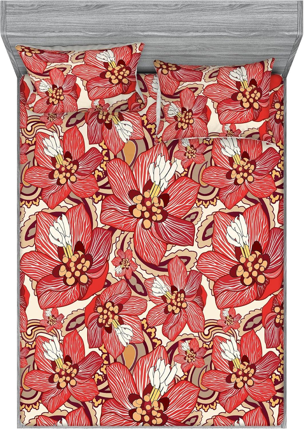 imageAmbesonne Floral Fitted Sheet amp Pillow Sham Set Romantic Valentines Day Theme Overlapping Simplistic Rose Flowers Art Decorative Printed 3 Piece Bedding Decor Set Calking Pale Salmon and BlushDark Coral and Pale Camel